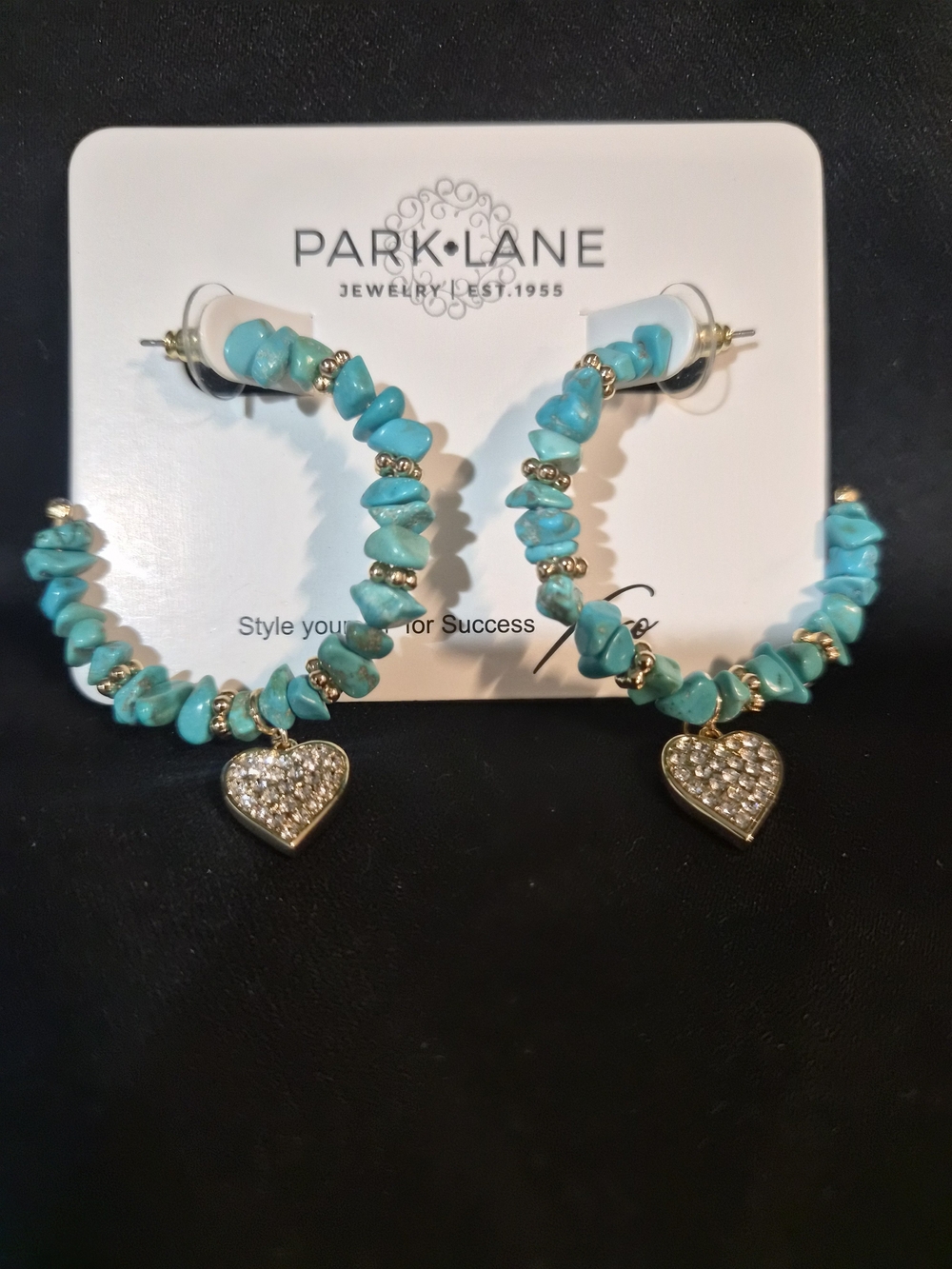 Park Lane Turquoise Chip Hoop Earrings with Silver Heart Pavé Charms